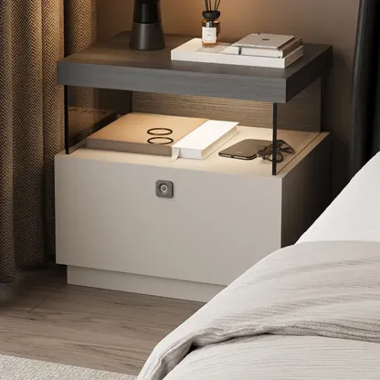 Elegant Khaki Modern Wooden Nightstand with Drawer Image - 2