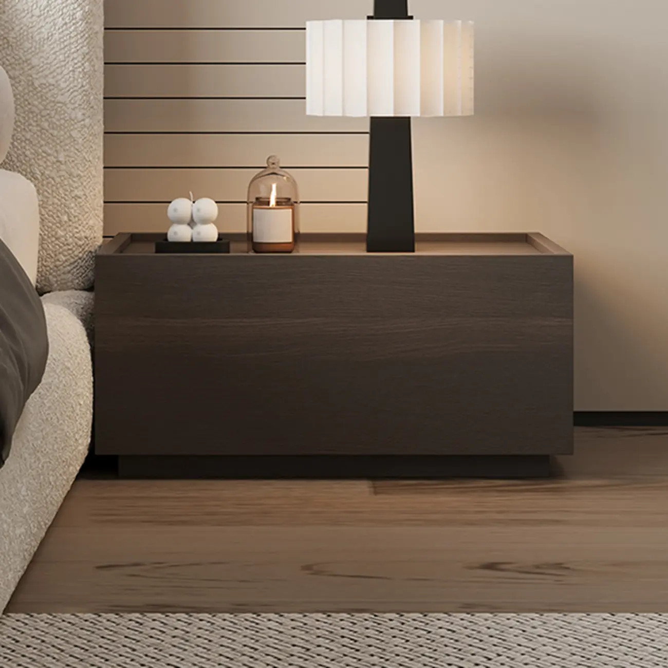 Minimalist Walnut Wooden 1-drawer Low Bedside Table Image - 3 | homeyfad