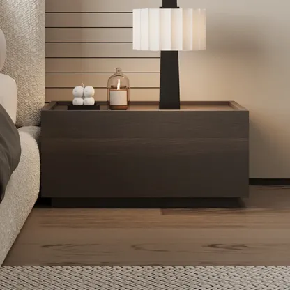 Minimalist Walnut Wooden 1-drawer Low Bedside Table Image - 3