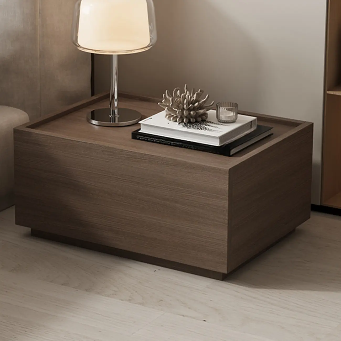 Minimalist Walnut Wooden 1-drawer Low Bedside Table Image - 1 | homeyfad