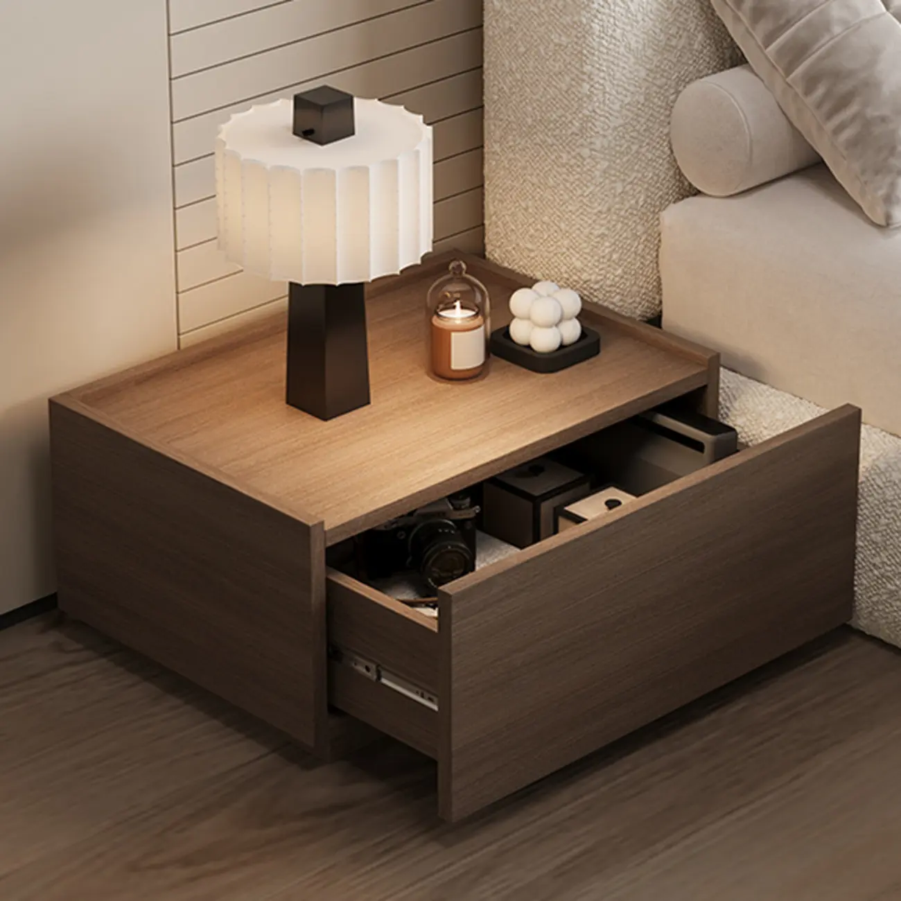 Minimalist Walnut Wooden 1-drawer Low Bedside Table Image - 2 | homeyfad