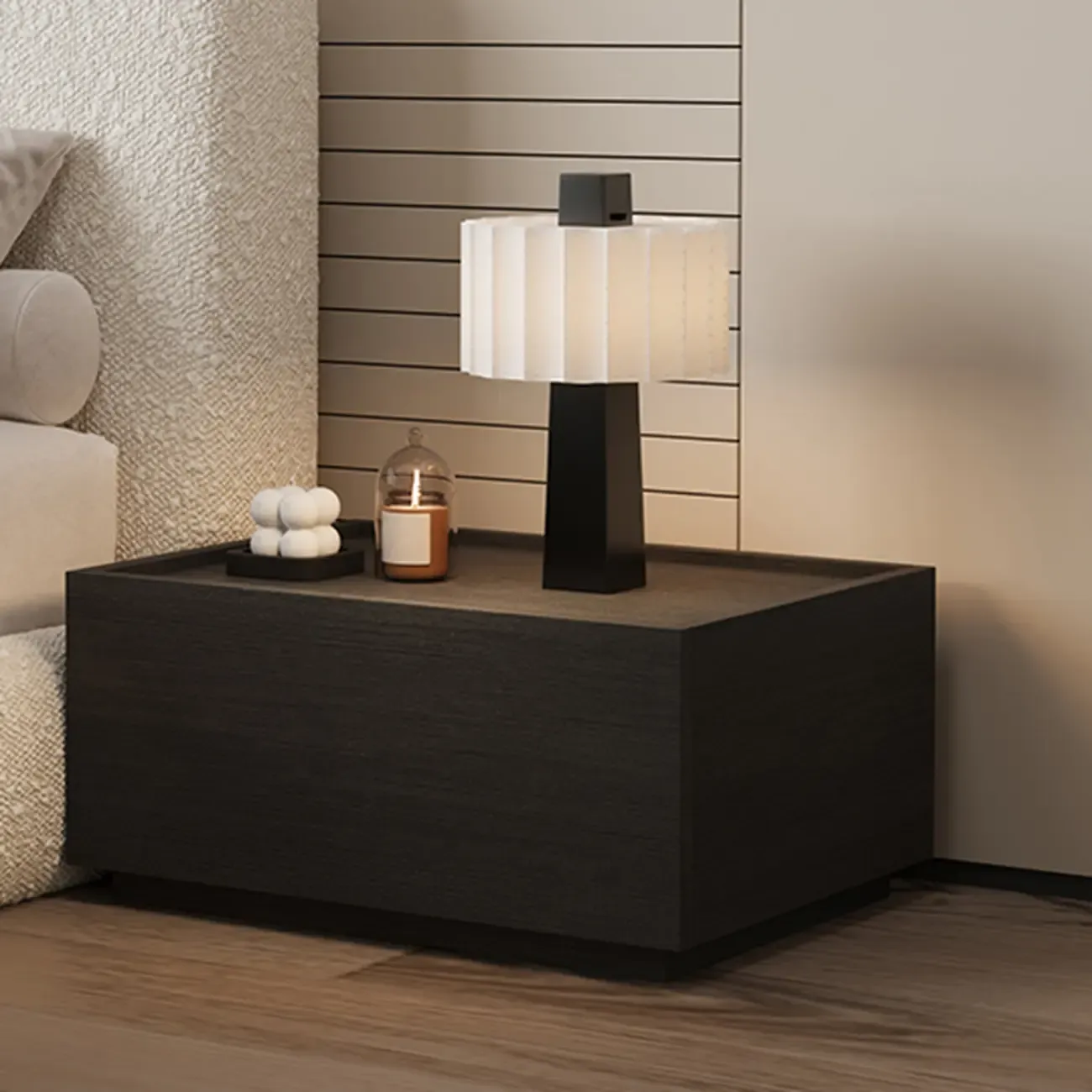 Minimalist Walnut Wooden 1-drawer Low Bedside Table Image - 4