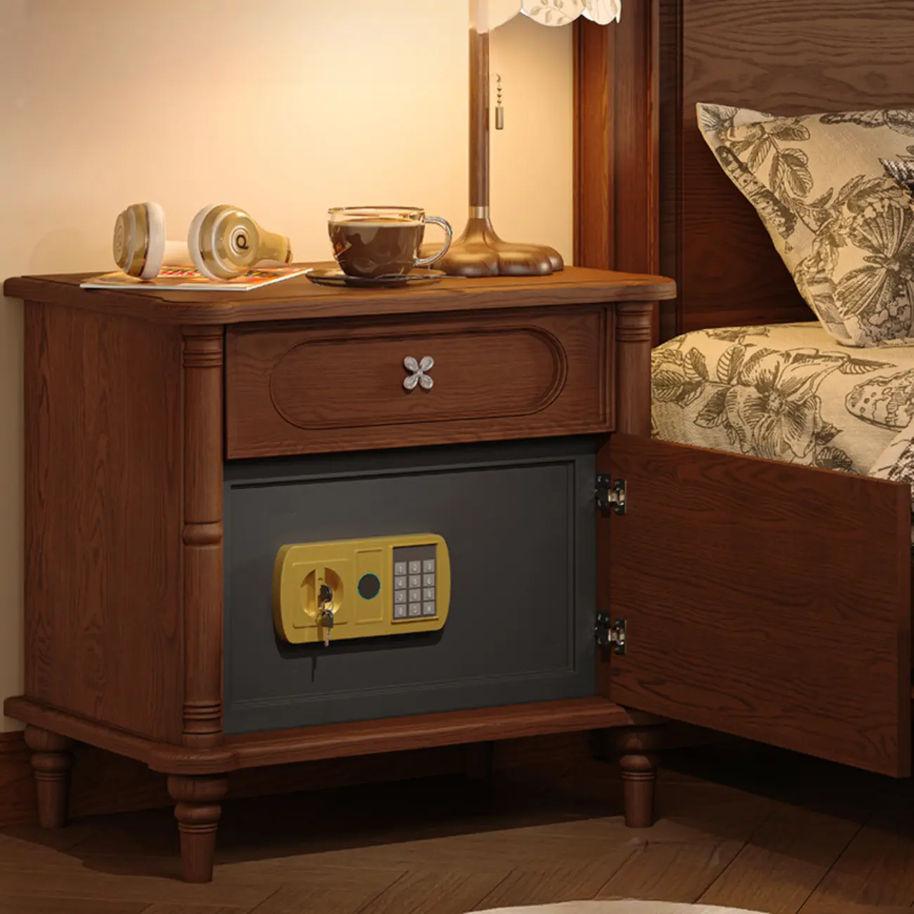 Traditional Wooden Nightstand with Hidden Built-in Safe Image - 2 | homeyfad