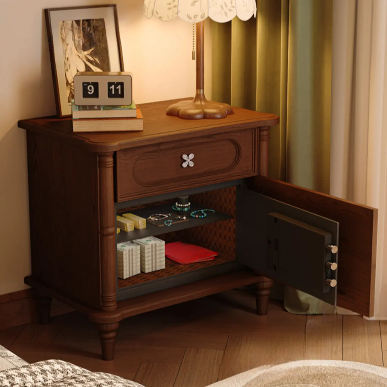 Traditional Wooden Nightstand with Hidden Built-in Safe Image - 3 | homeyfad