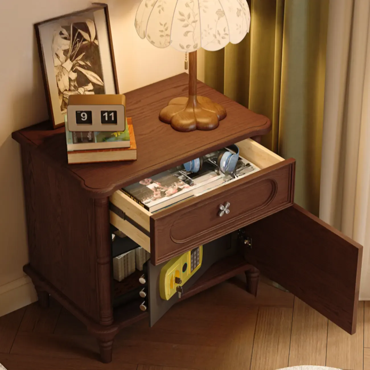 Traditional Wooden Nightstand with Hidden Built-in Safe Image - 4
