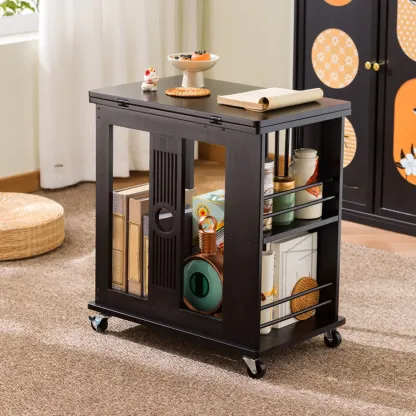 Swivel Modern Moso Bamboo Side Table with Wheels Image - 2