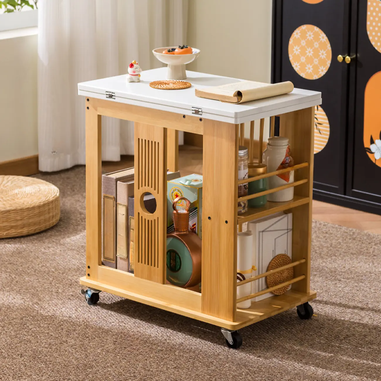 Swivel Modern Moso Bamboo Side Table with Wheels Image - 3 | homeyfad