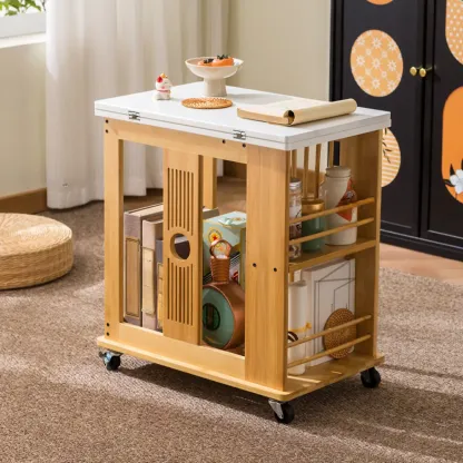 Swivel Modern Moso Bamboo Side Table with Wheels Image - 3