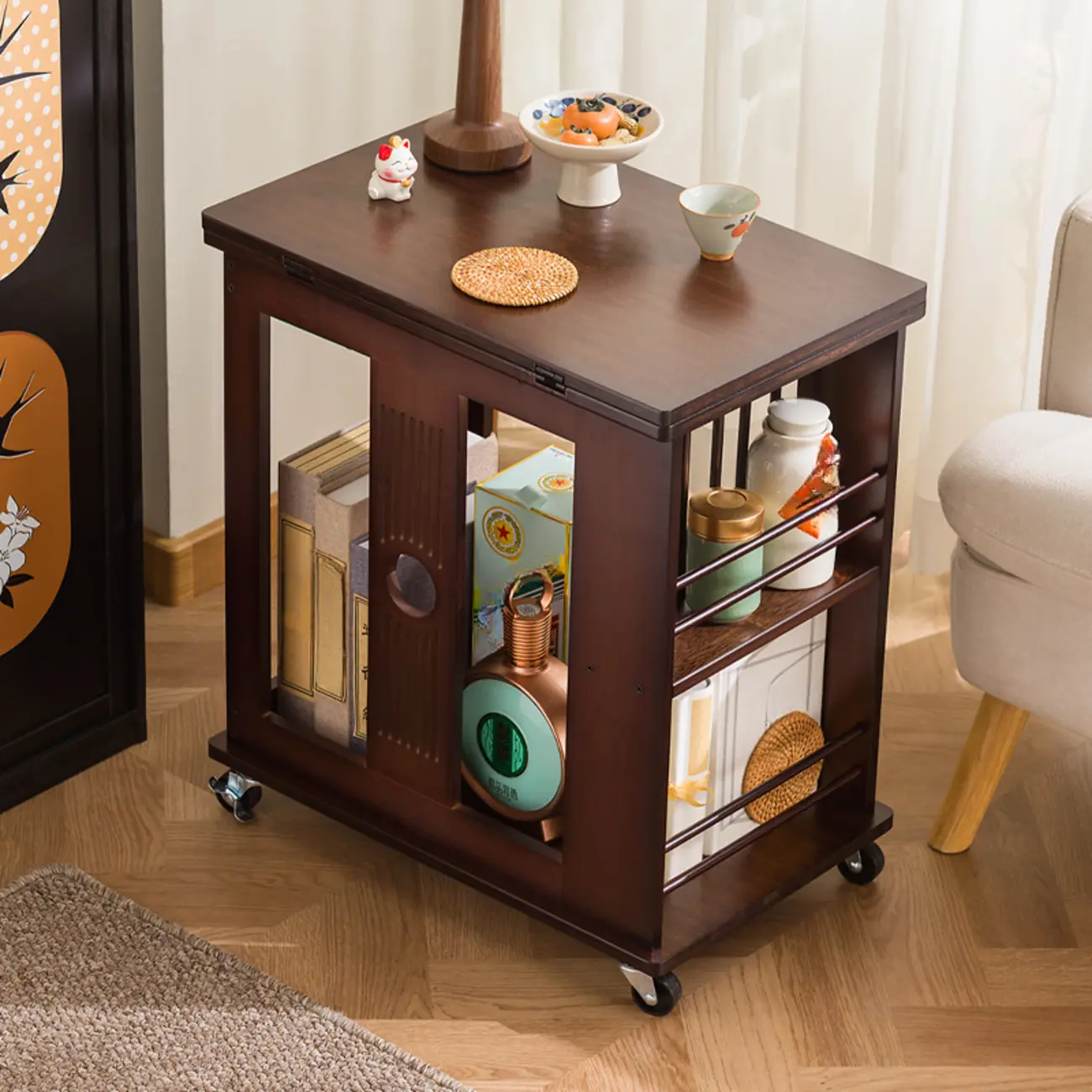 Swivel Modern Moso Bamboo Side Table with Wheels Image - 4 | homeyfad