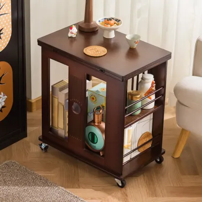 Swivel Modern Moso Bamboo Side Table with Wheels Image - 4