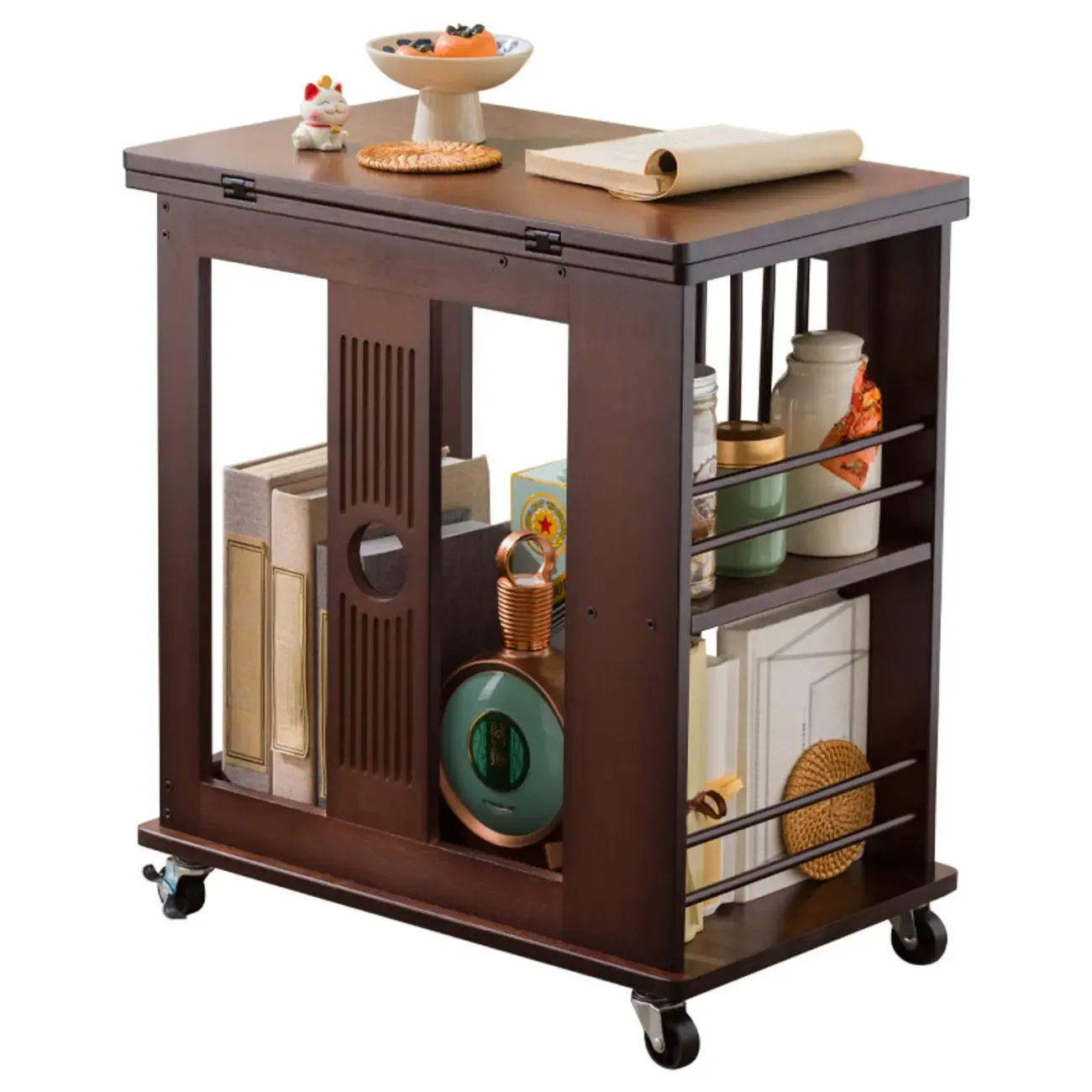 Swivel Modern Moso Bamboo Side Table with Wheels Image - 7