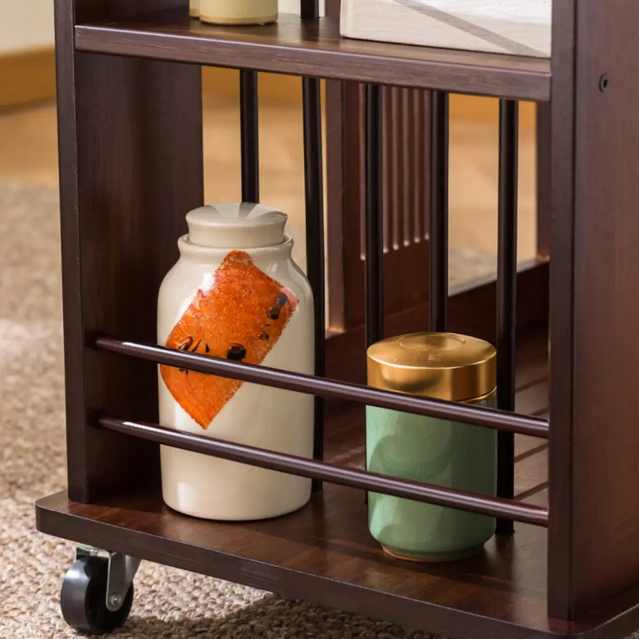 Swivel Modern Moso Bamboo Side Table with Wheels Image - 9