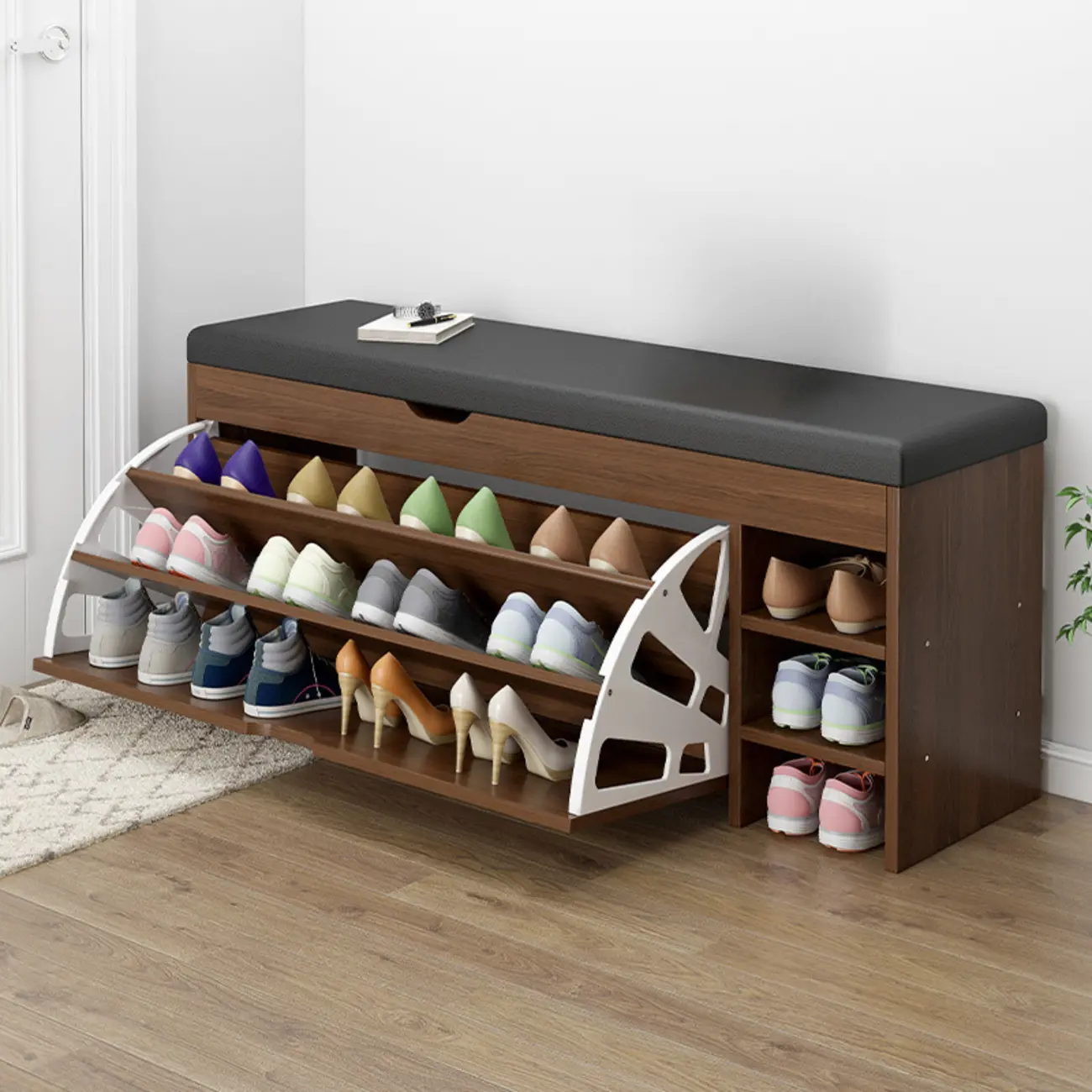 Entryway Cushioned Wooden Drop Front Shoe Storage Bench Image - 1 | homeyfad