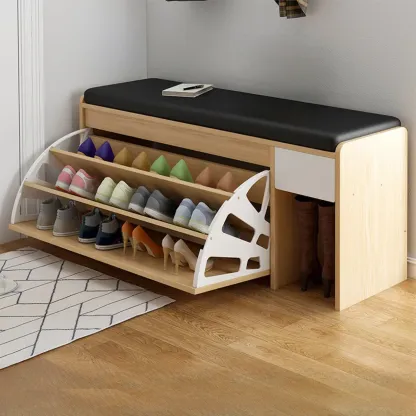 Entryway Cushioned Wooden Drop Front Shoe Storage Bench Image - 2