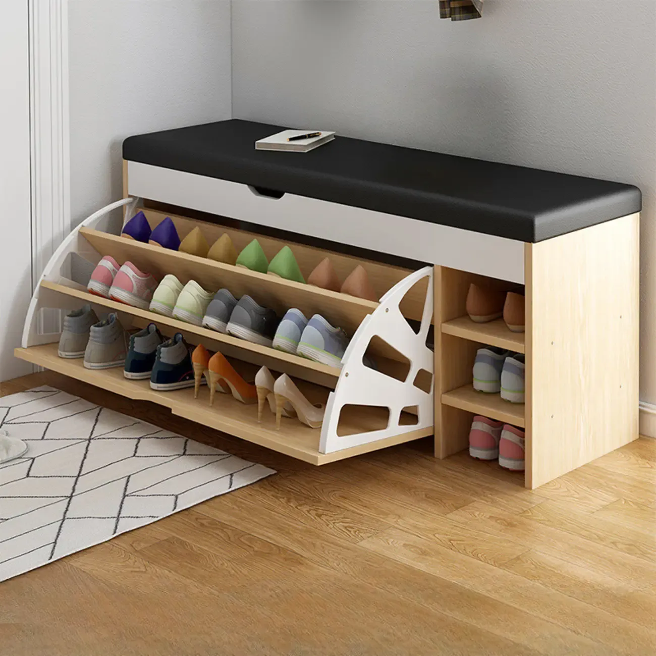 Entryway Cushioned Wooden Drop Front Shoe Storage Bench Image - 3