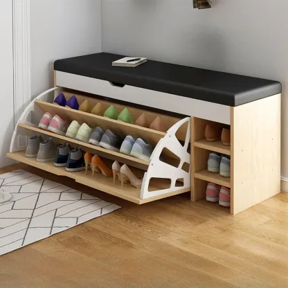 Entryway Cushioned Wooden Drop Front Shoe Storage Bench Image - 3