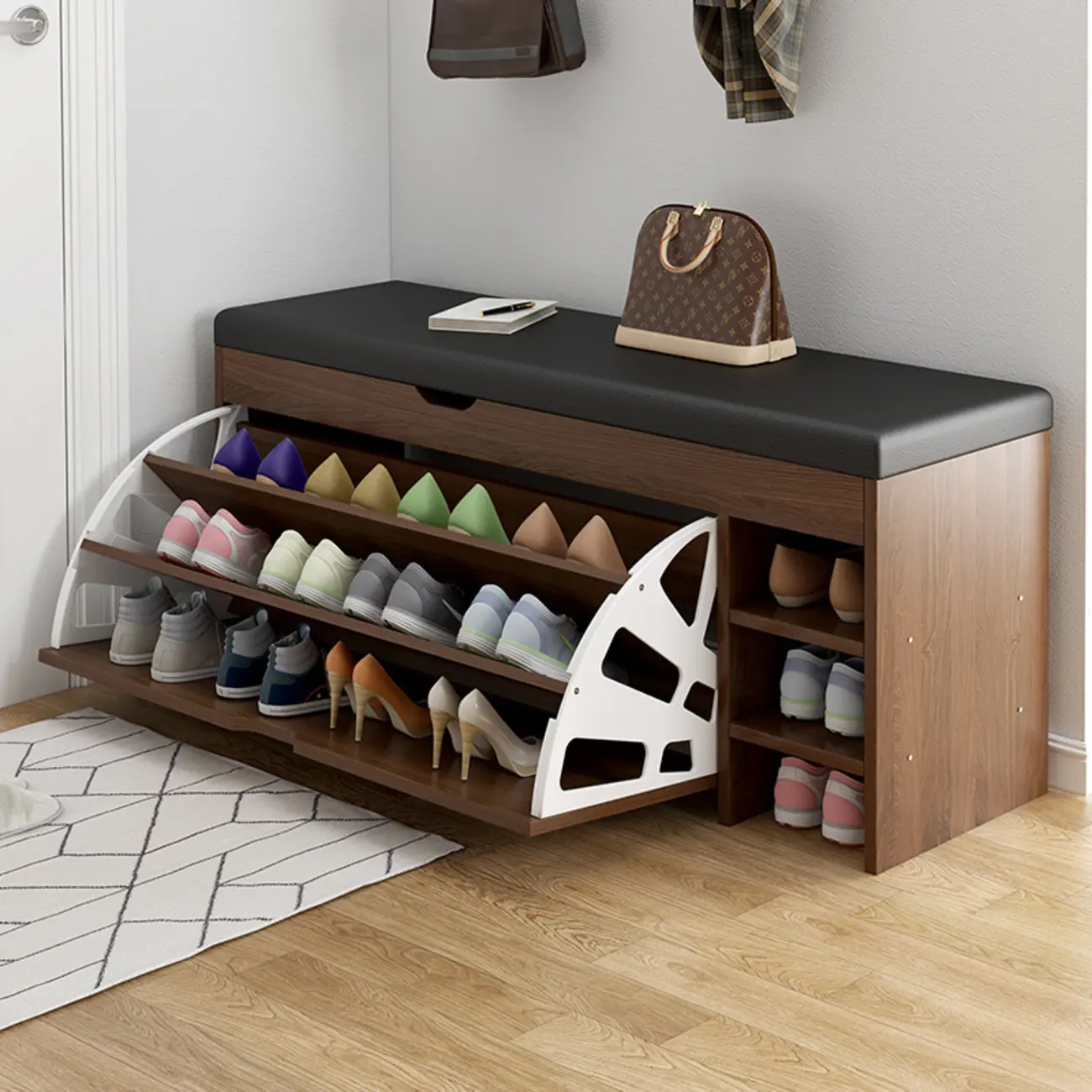 Entryway Cushioned Wooden Drop Front Shoe Storage Bench Image - 4 | homeyfad