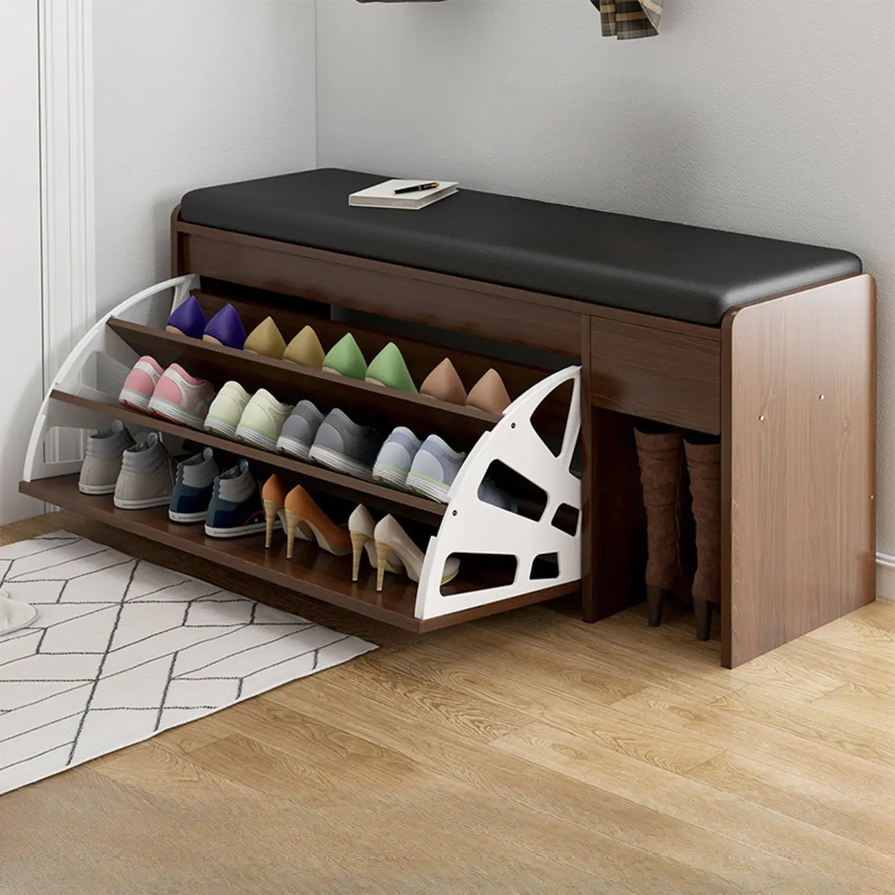Entryway Cushioned Wooden Drop Front Shoe Storage Bench Image - 5 | homeyfad