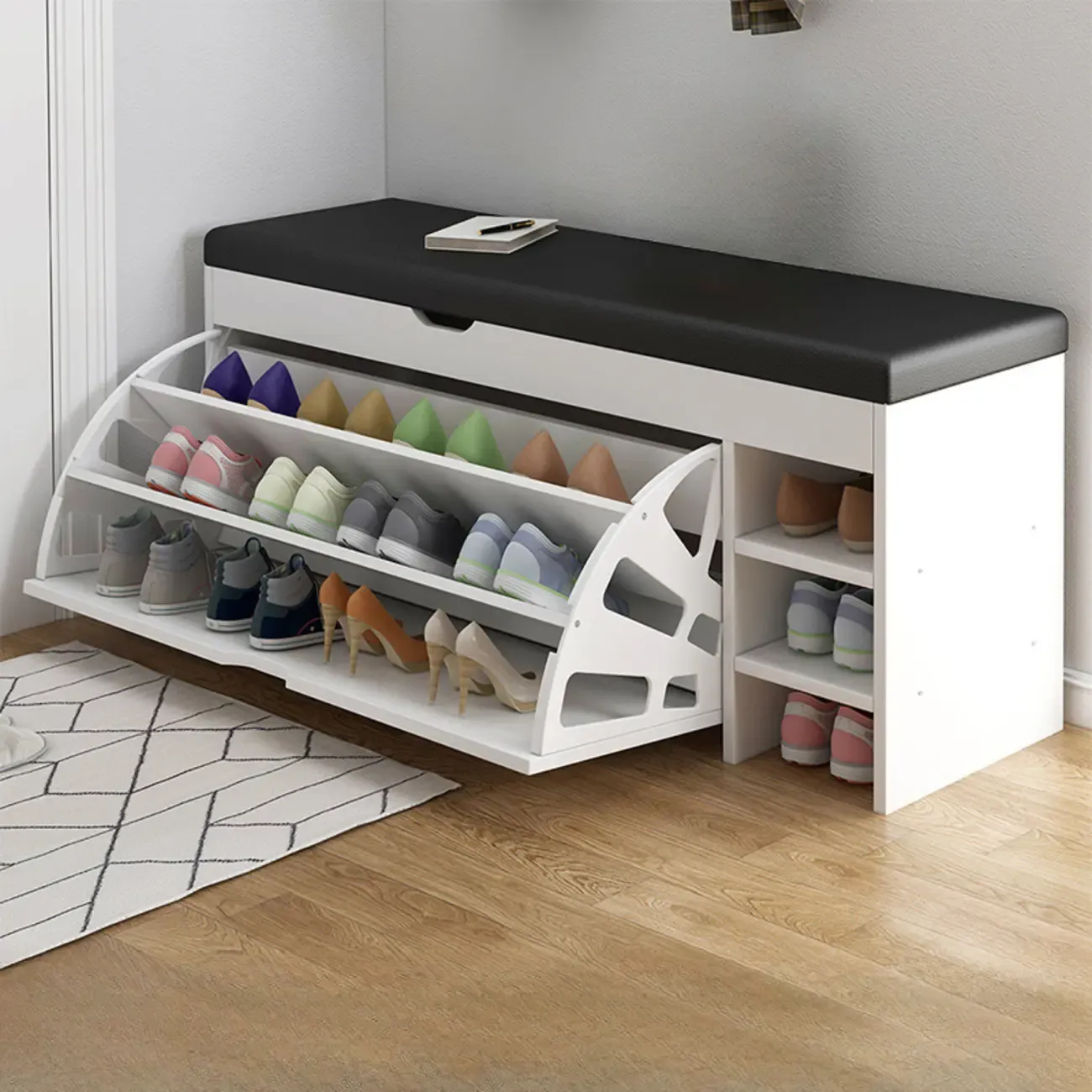 Entryway Cushioned Wooden Drop Front Shoe Storage Bench Image - 7