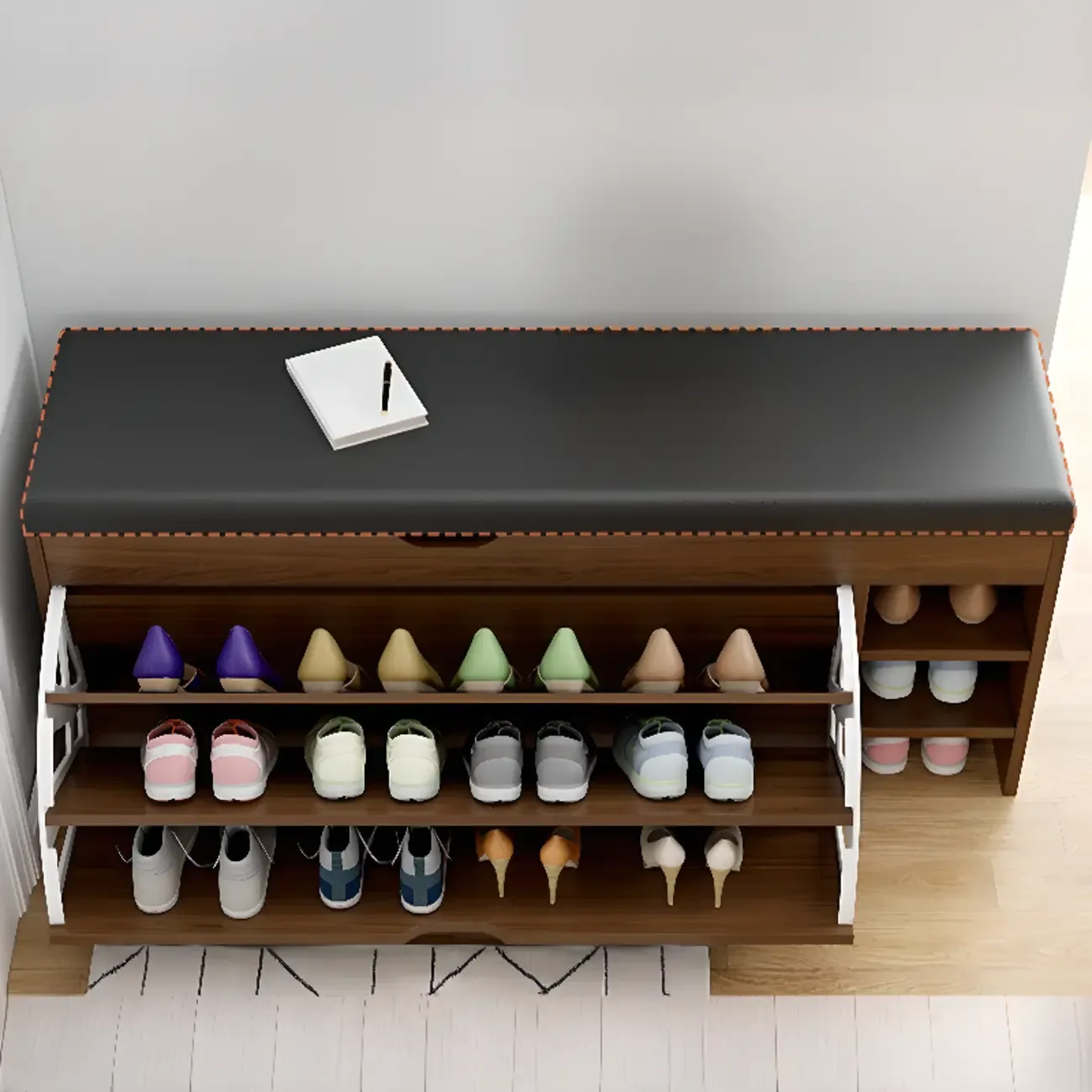 Entryway Cushioned Wooden Drop Front Shoe Storage Bench Image - 8