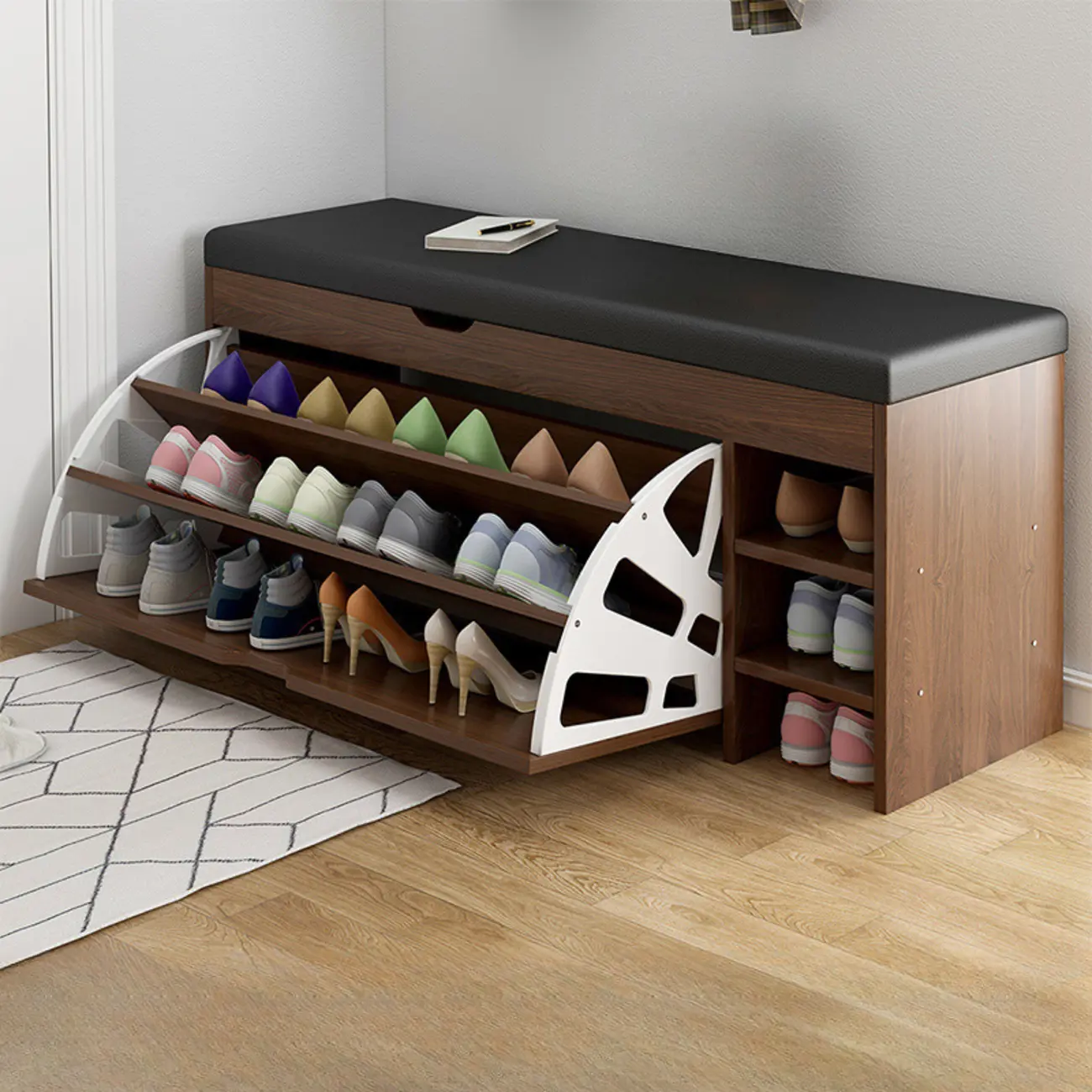 Entryway Cushioned Wooden Drop Front Shoe Storage Bench Image - 9 | homeyfad