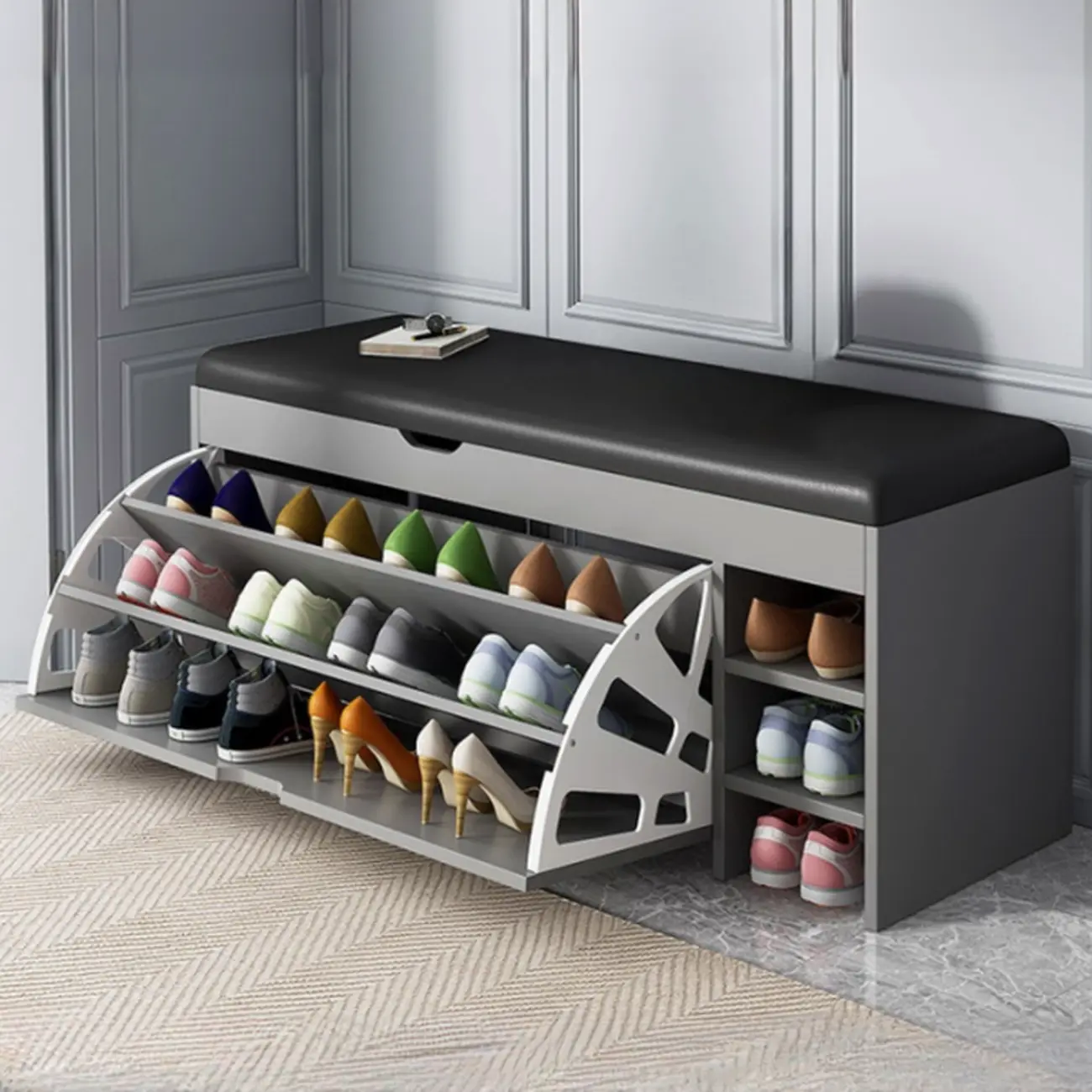 Entryway Cushioned Wooden Drop Front Shoe Storage Bench Image - 11 | homeyfad