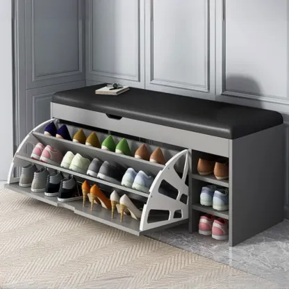 Entryway Cushioned Wooden Drop Front Shoe Storage Bench Image - 11