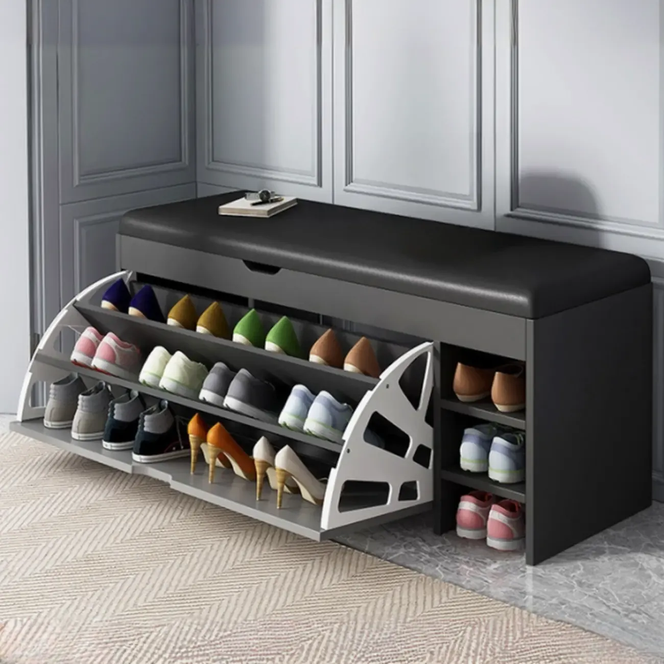 Entryway Cushioned Wooden Drop Front Shoe Storage Bench Image - 12