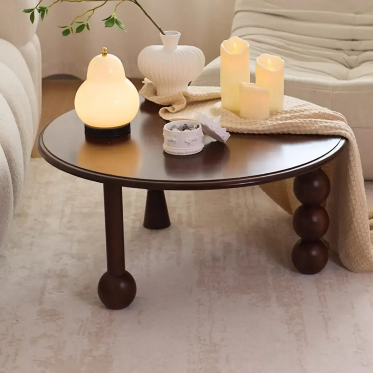 Mid Century Modern Round Rubberwood Coffee Table Three-legs Image - 1