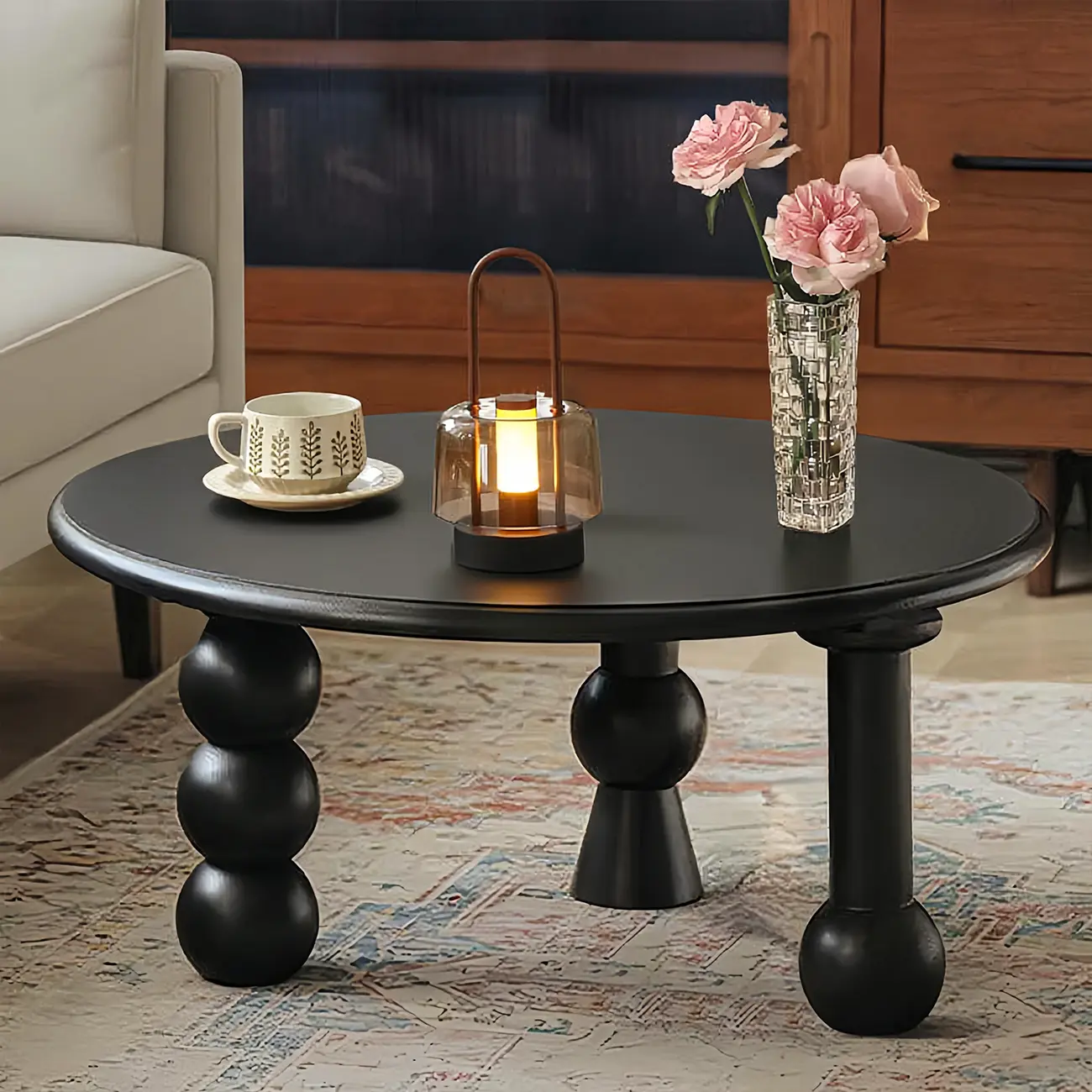 Mid Century Modern Round Rubberwood Coffee Table Three-legs Image - 5 | homeyfad