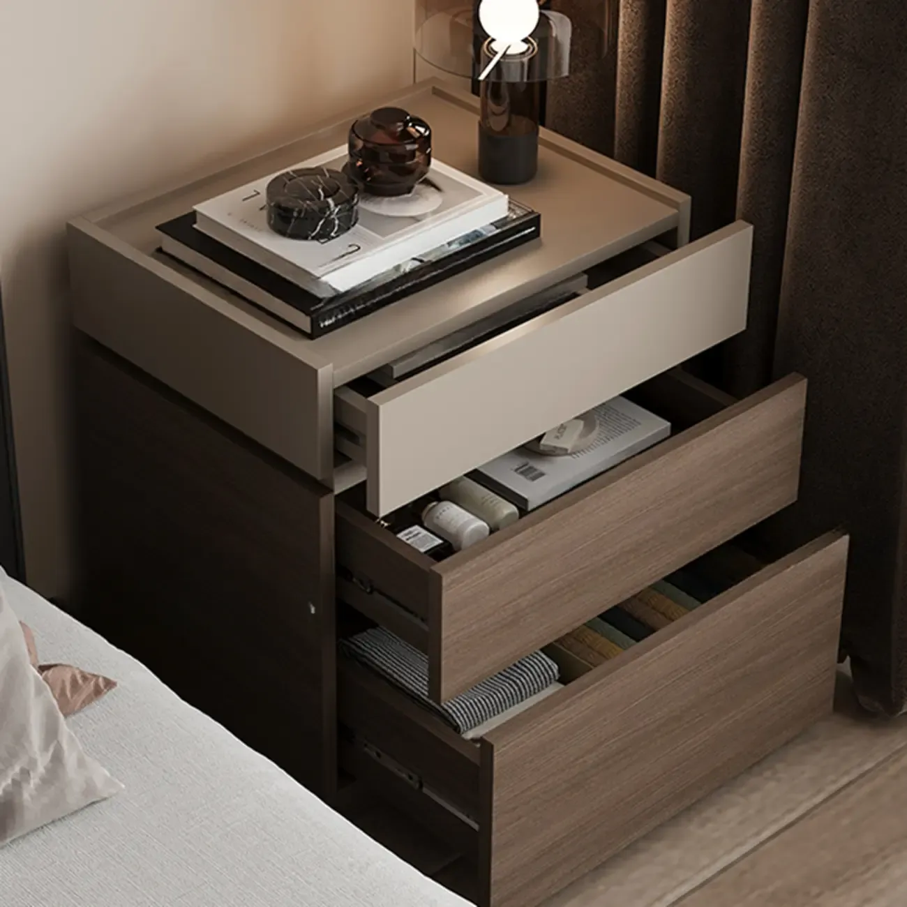 Modern Elegant Wood Nightstand With 3-Drawer Storage Image - 2