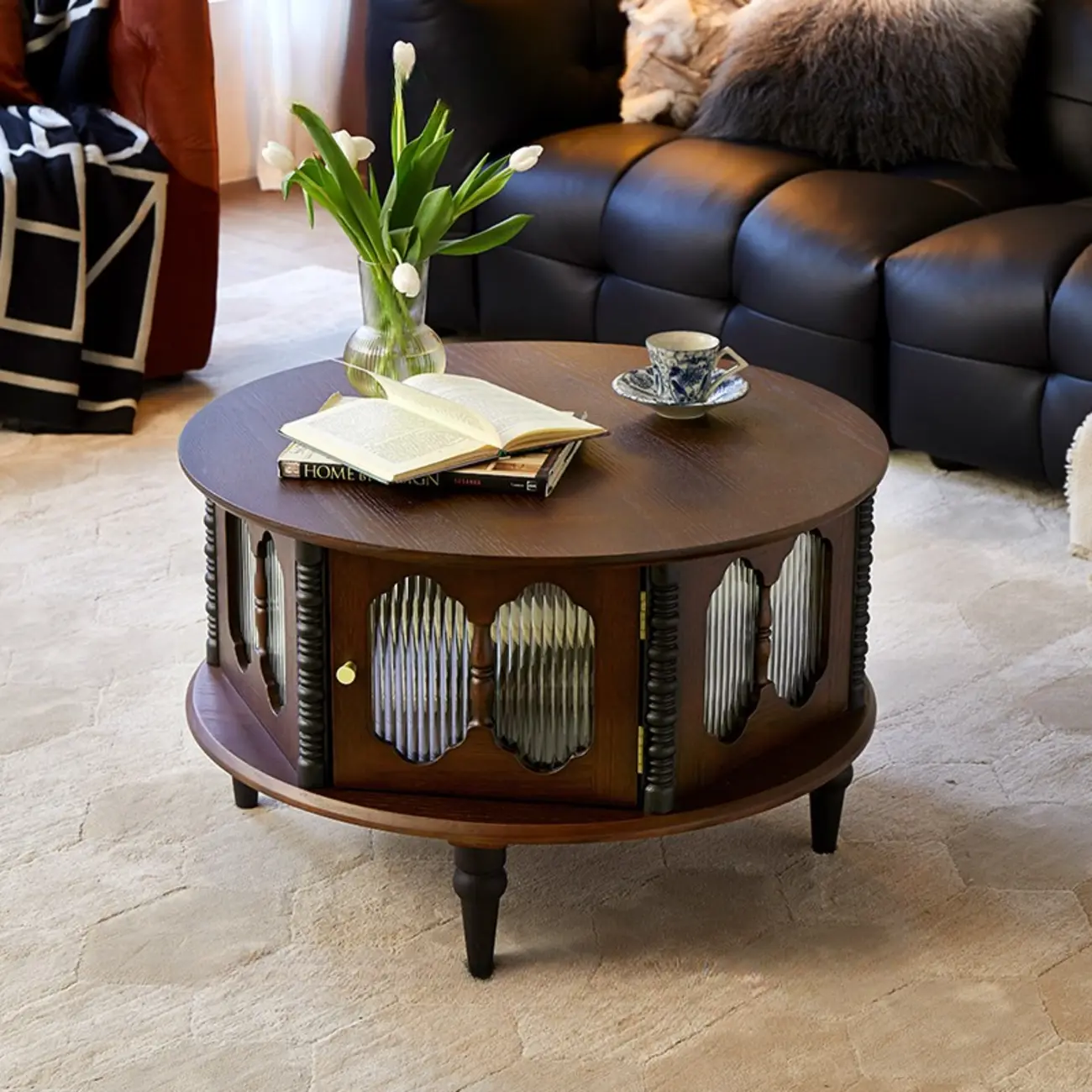 Traditional Circular Solid Wood Coffee Table With Storage Image - 1 | homeyfad
