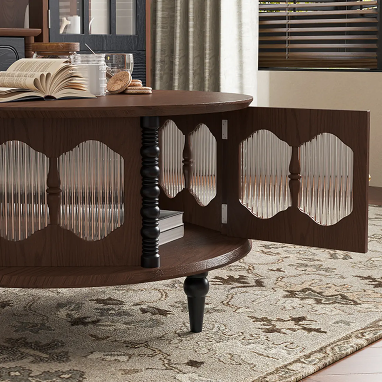 Traditional Circular Solid Wood Coffee Table With Storage Image - 5 | homeyfad