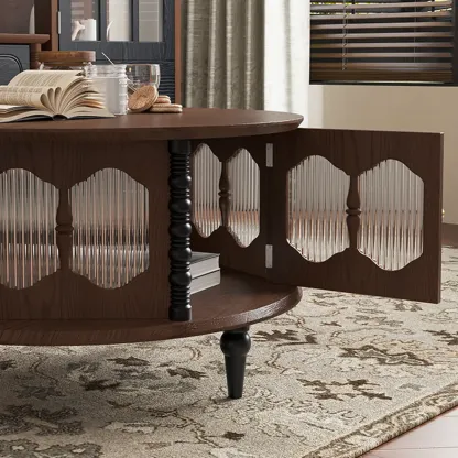 Traditional Circular Solid Wood Coffee Table With Storage Image - 5