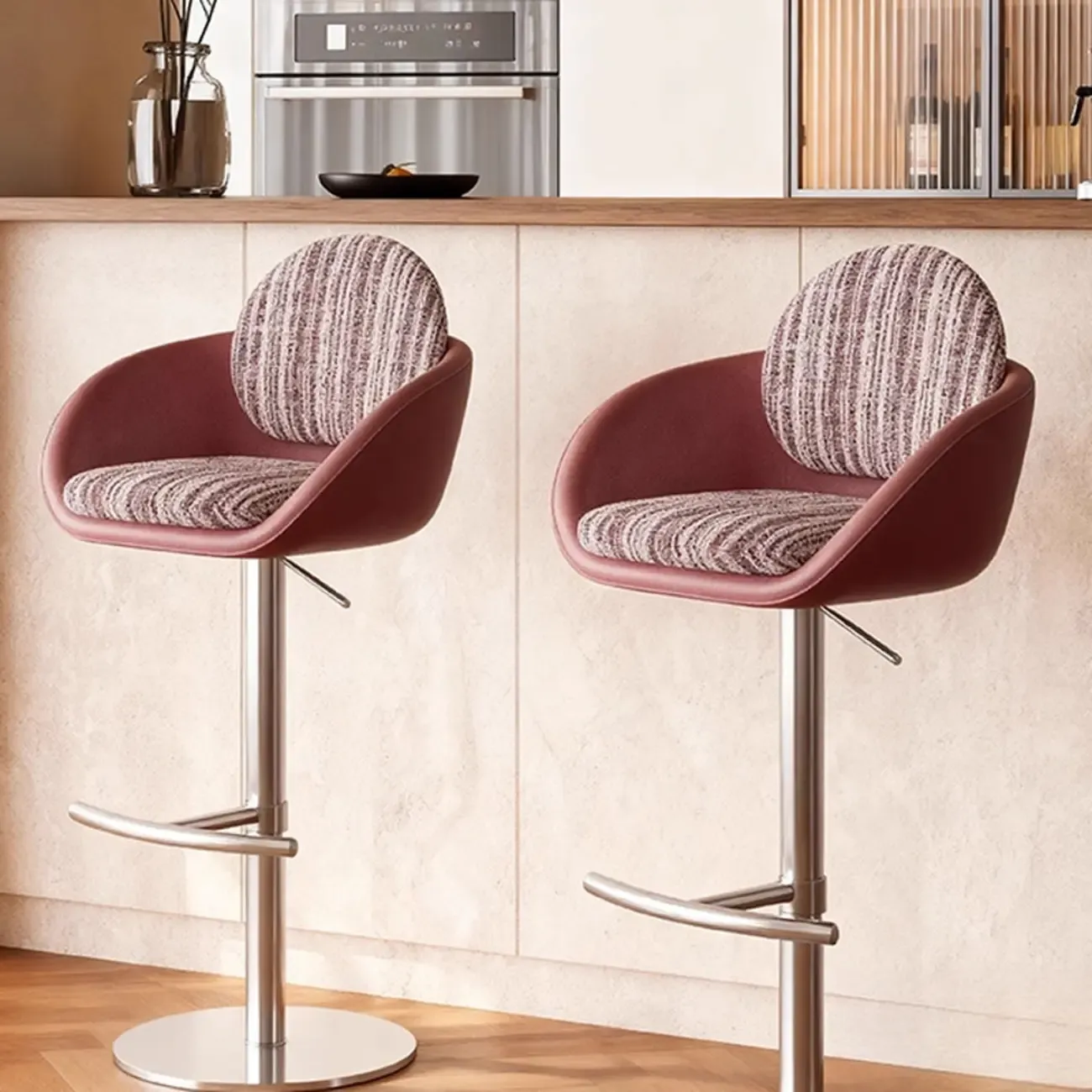 Modern Swivel Fabric Upholstered Bar Stools Stainless Steel Image - 4