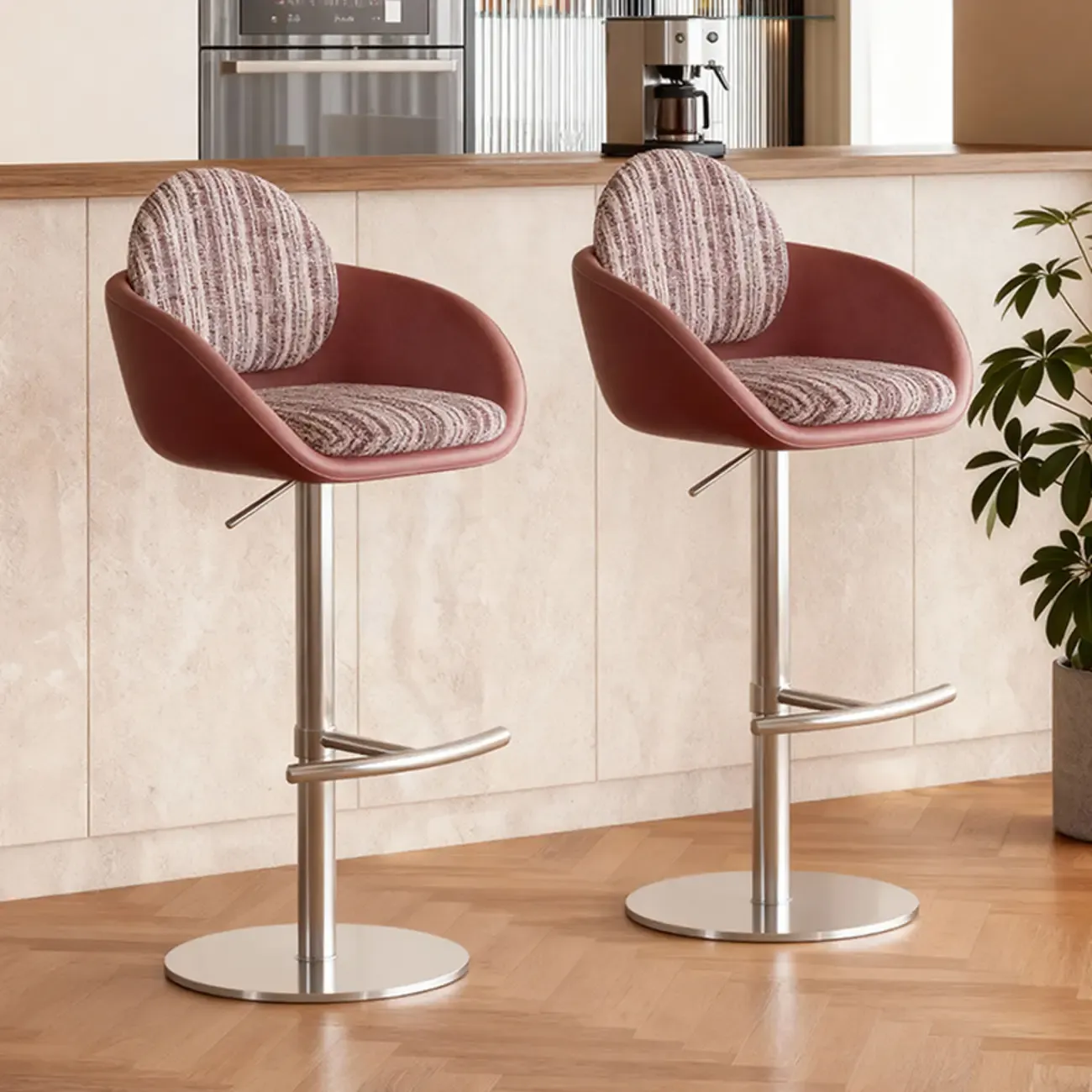 Modern Swivel Fabric Upholstered Bar Stools Stainless Steel Image - 1