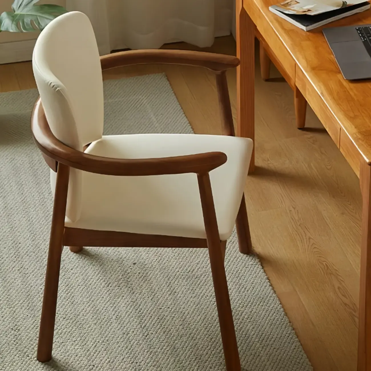 Nordic Open Back Upholstered Wooden Dining Arm Chair Image - 2