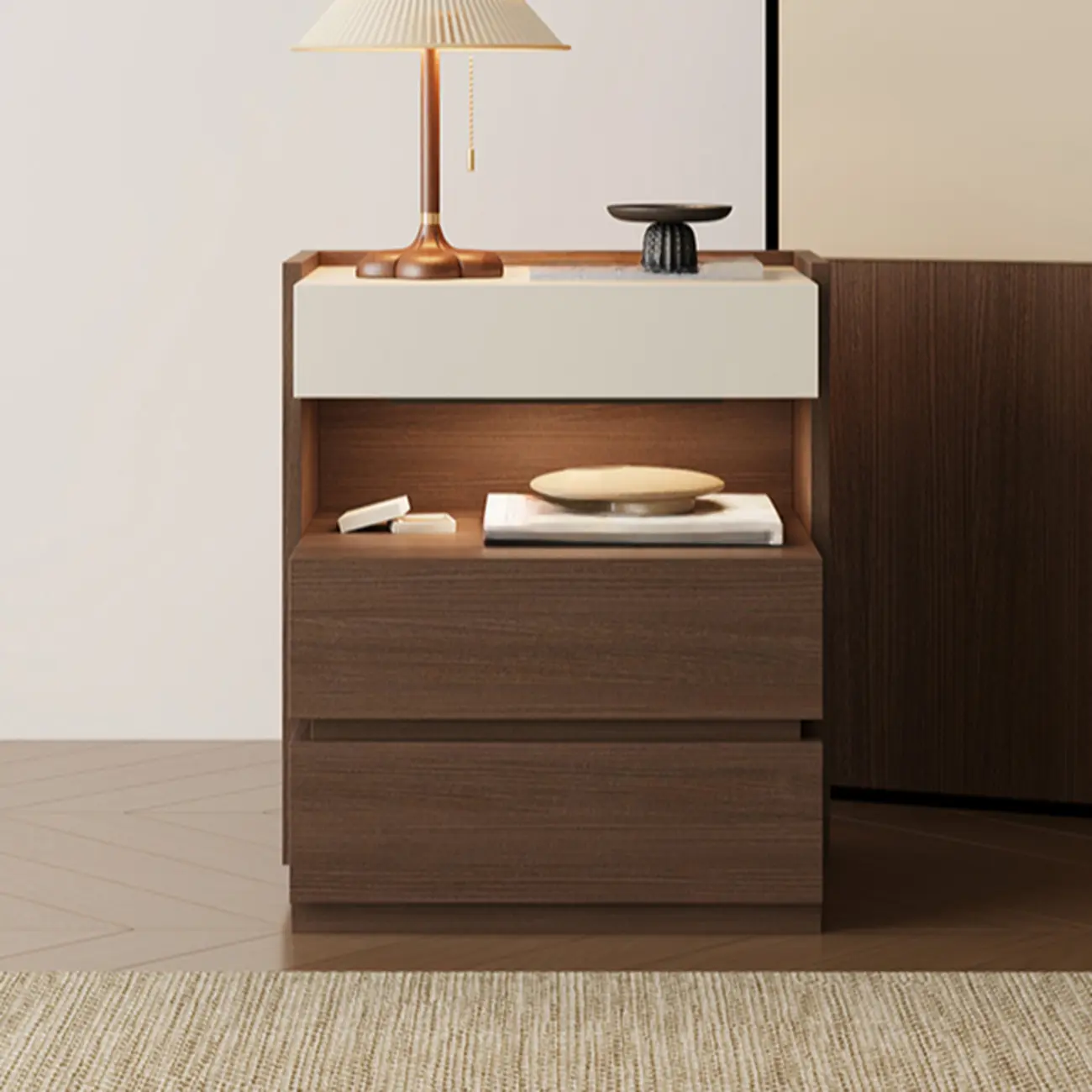 Minimalist 3-drawer Brown Wooden Bedside Table Open Storage Image - 4 | homeyfad
