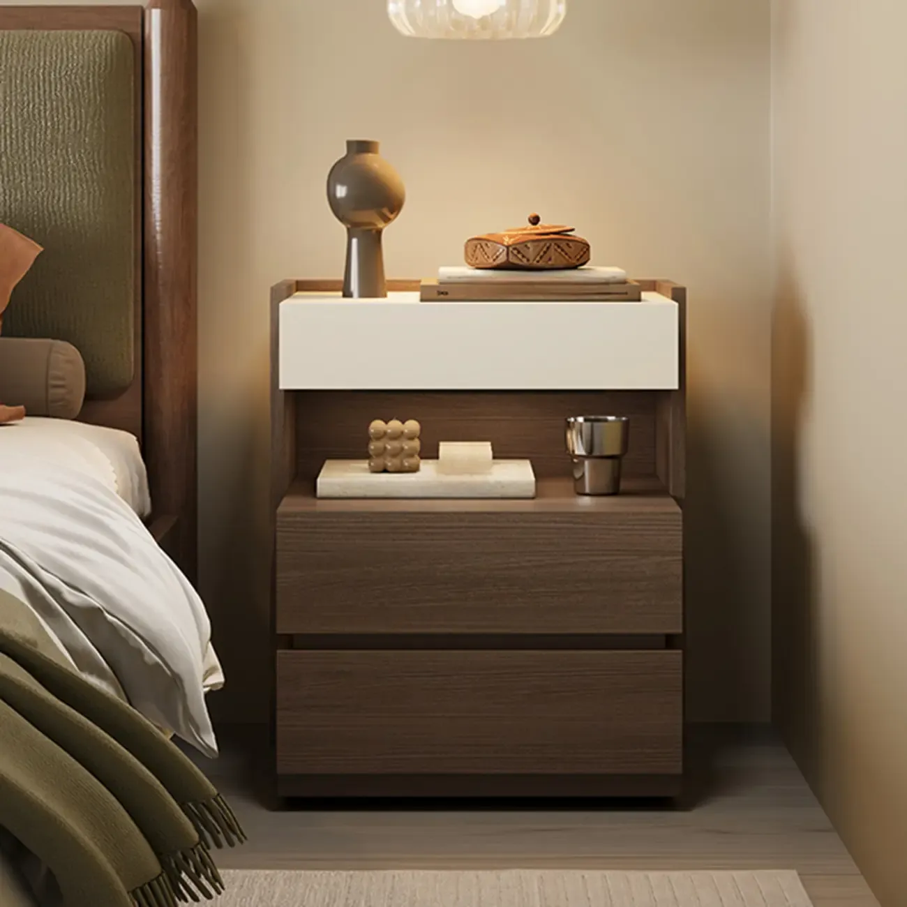 Minimalist 3-drawer Brown Wooden Bedside Table Open Storage Image - 1
