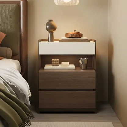 Minimalist 3-drawer Brown Wooden Bedside Table Open Storage Image - 1