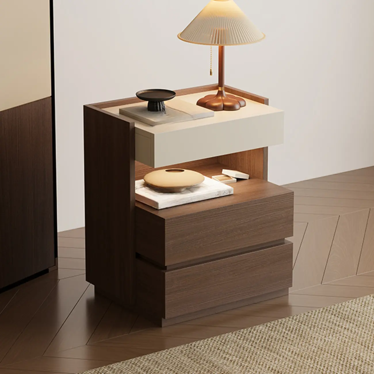 Minimalist 3-drawer Brown Wooden Bedside Table Open Storage Image - 3 | homeyfad