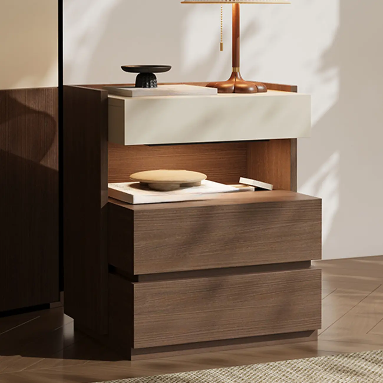 Minimalist 3-drawer Brown Wooden Bedside Table Open Storage Image - 5 | homeyfad