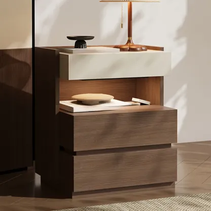 Minimalist 3-drawer Brown Wooden Bedside Table Open Storage Image - 5