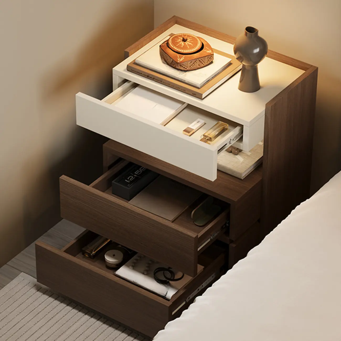 Minimalist 3-drawer Brown Wooden Bedside Table Open Storage Image - 2 | homeyfad