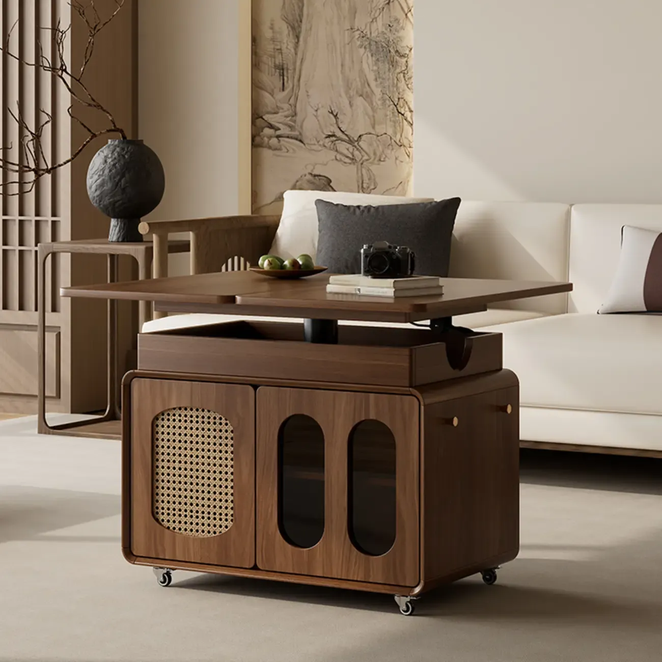 Elegant Brown Rolling Wood Side Table Adjustable Top Image - 1