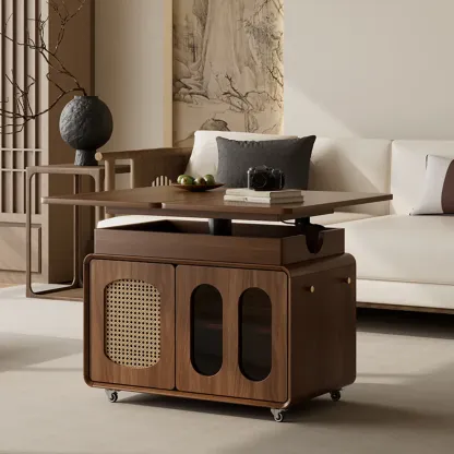 Elegant Brown Rolling Wood Side Table Adjustable Top Image - 1