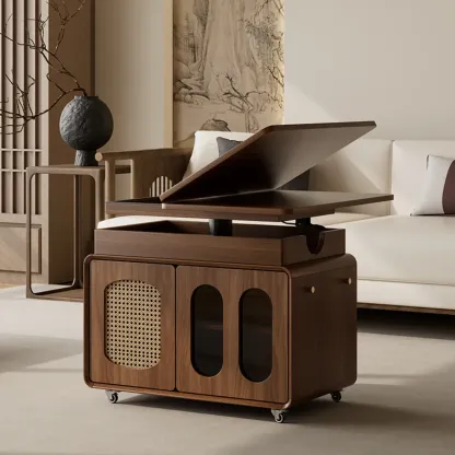 Elegant Brown Rolling Wood Side Table Adjustable Top Image - 2