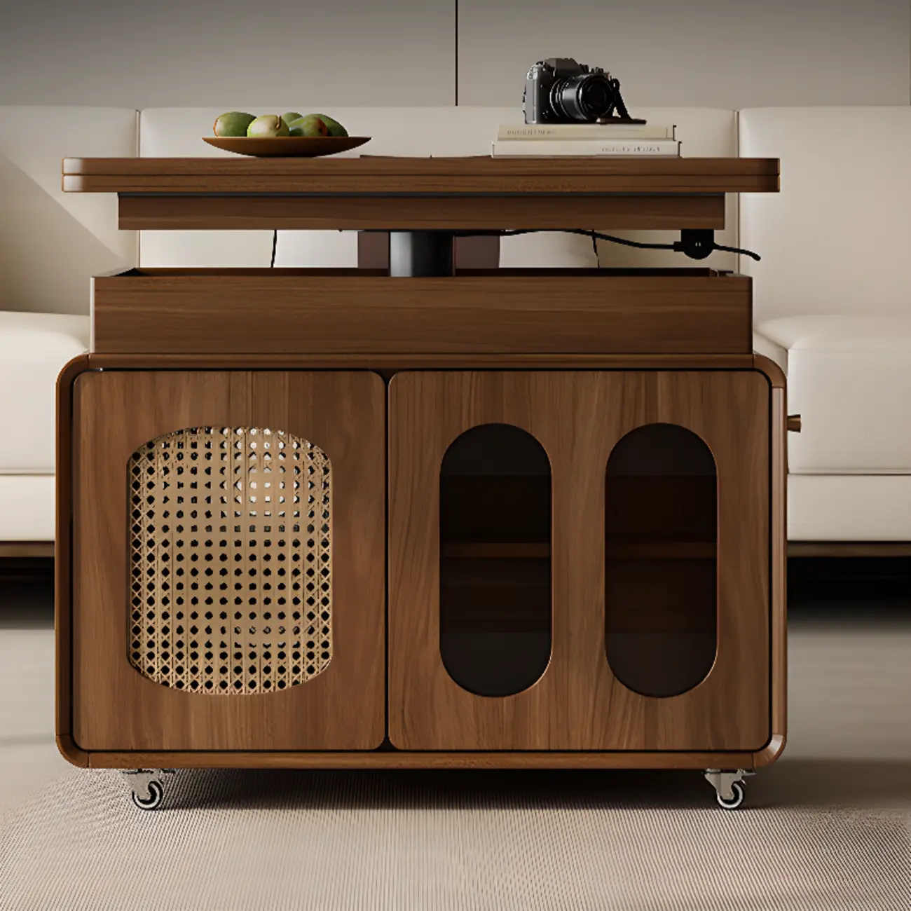 Elegant Brown Rolling Wood Side Table Adjustable Top Image - 4 | homeyfad