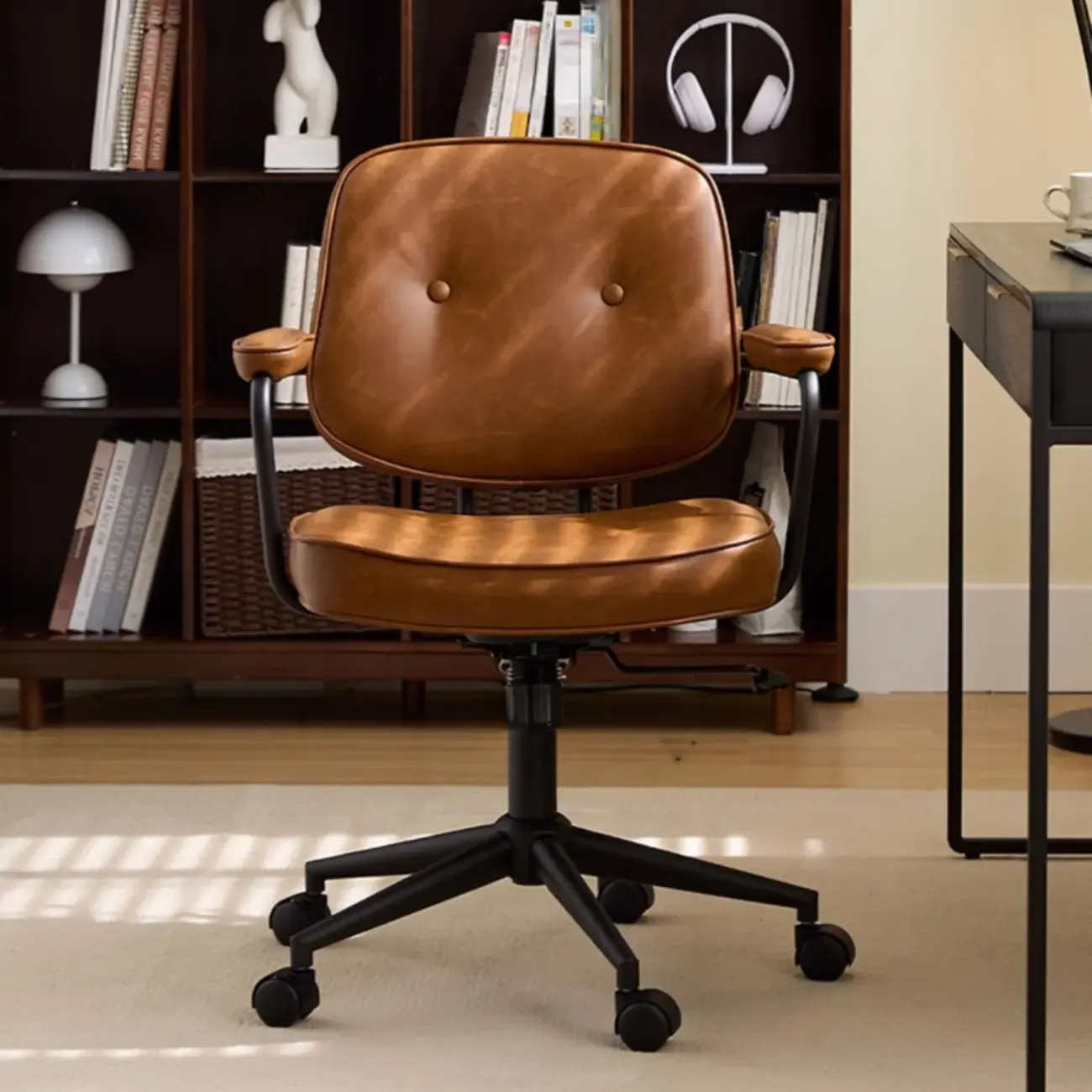 Brown Leather Upholstered Adjustable Swivel Office Chair Image - 1