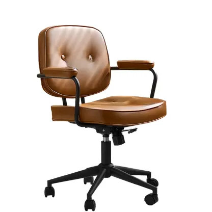 Brown Leather Upholstered Adjustable Swivel Office Chair Image - 7